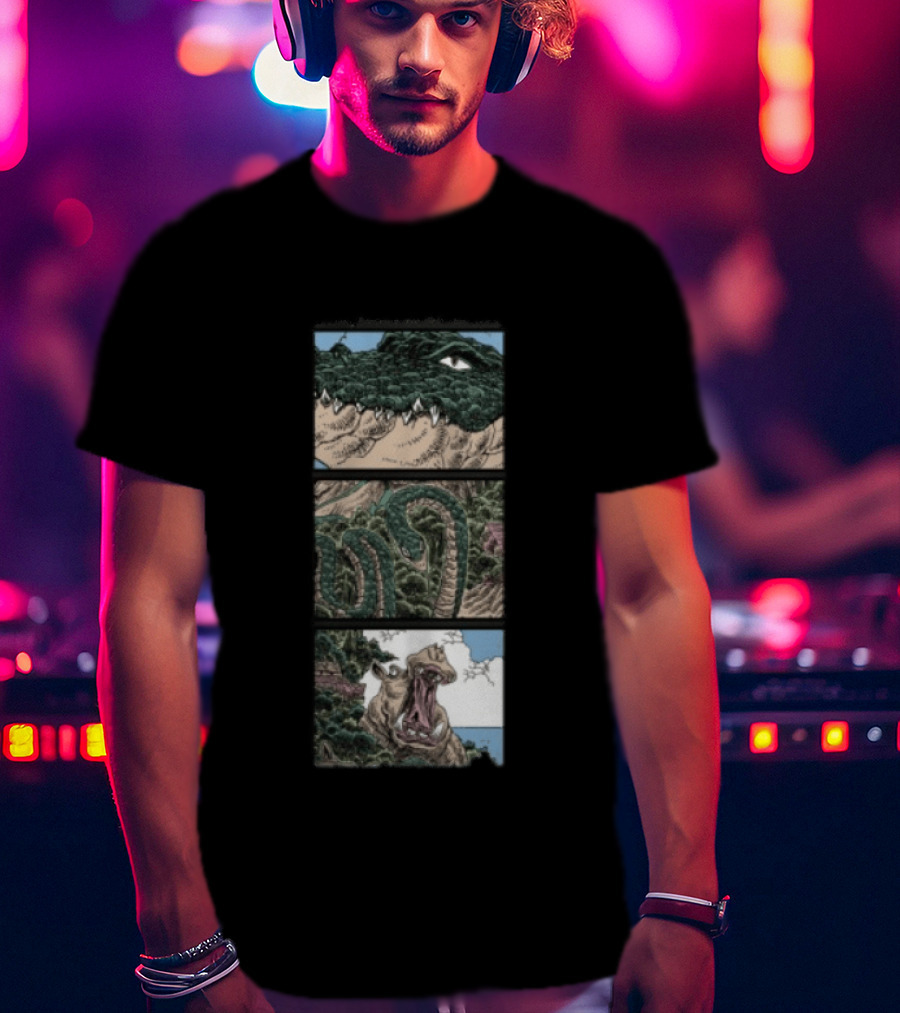 The Longest Johns Store Ends Of The Earth UK Tour Black Crocodile And Dinosaur Comic Strip T-Shirt