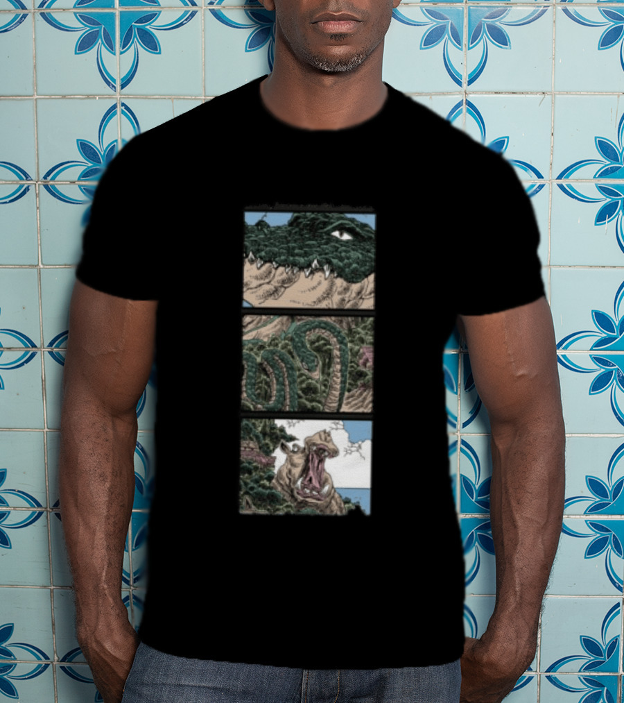 The Longest Johns Store Ends Of The Earth UK Tour Black Crocodile And Dinosaur Comic Strip T-Shirt