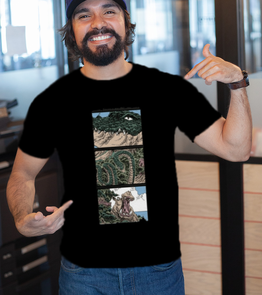 The Longest Johns Store Ends Of The Earth UK Tour Black Crocodile And Dinosaur Comic Strip T-Shirt