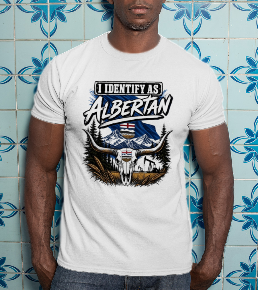 I Identify As Albertan Alberta Flag Longhorn Skull Wheat Forest Scene T-Shirt