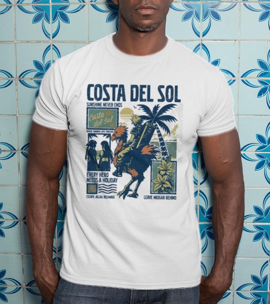 Costa Del Sol Final Fantasy Chocobo Beach Scene Palm Trees T-Shirt