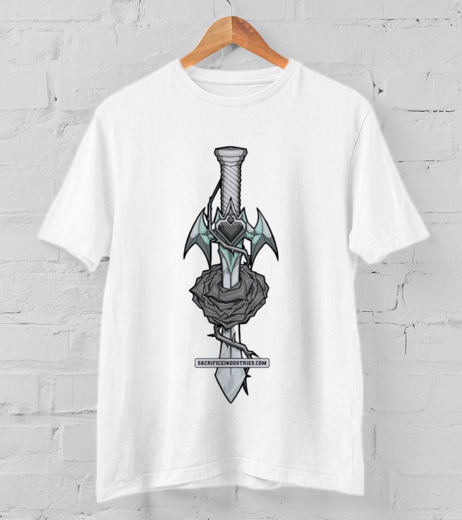 Sacrifice Industries Sword Rose Heart Icon With Wings And Thorns T-Shirt