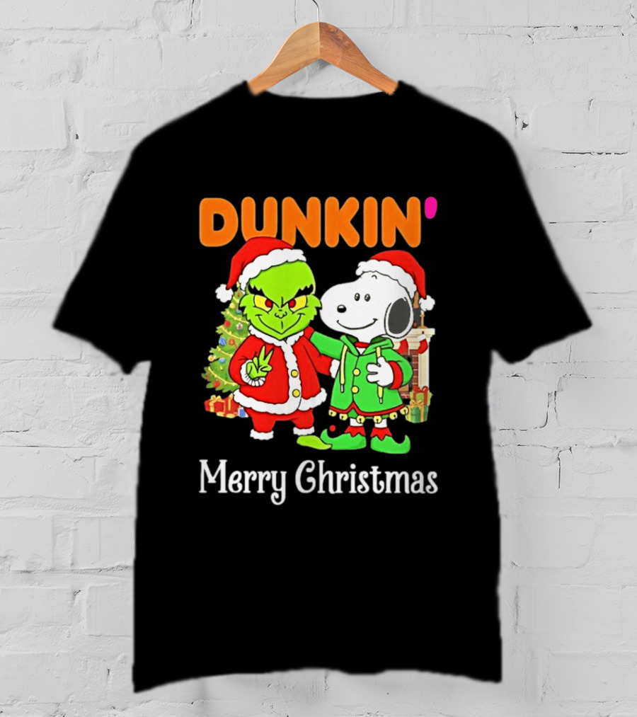Dunkin Merry Christmas Grinch Snoopy Santas T-Shirt