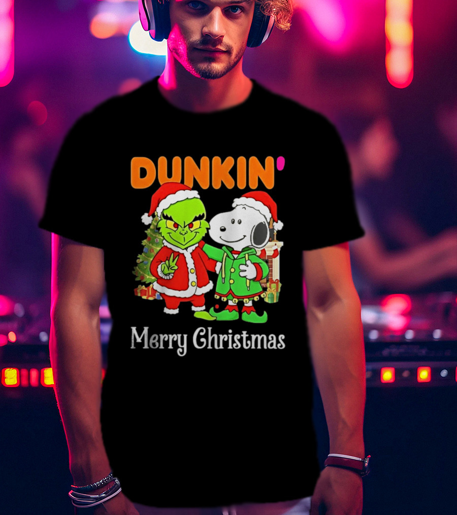 Dunkin Merry Christmas Grinch Snoopy Santas T-Shirt