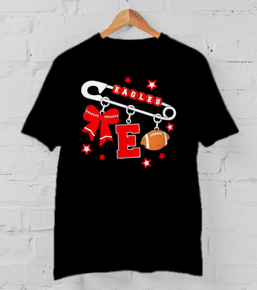 Eagles Safety Pin Charm Football Bow Letter E Stars T-Shirt