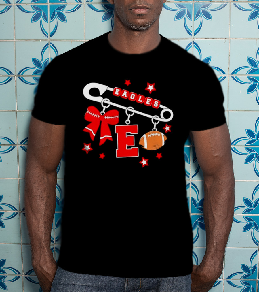 Eagles Safety Pin Charm Football Bow Letter E Stars T-Shirt