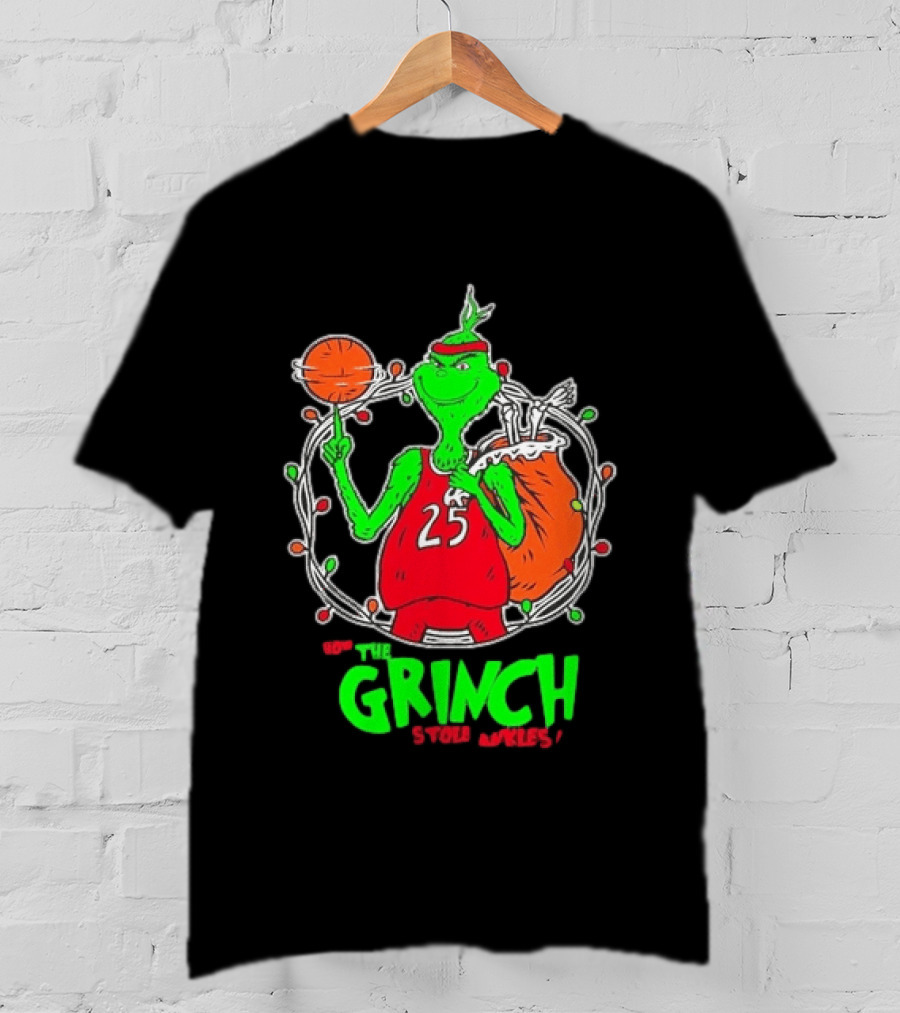 The Grinch Basketball Christmas Lights Jersey 25 Stole Ankles Green T-Shirt