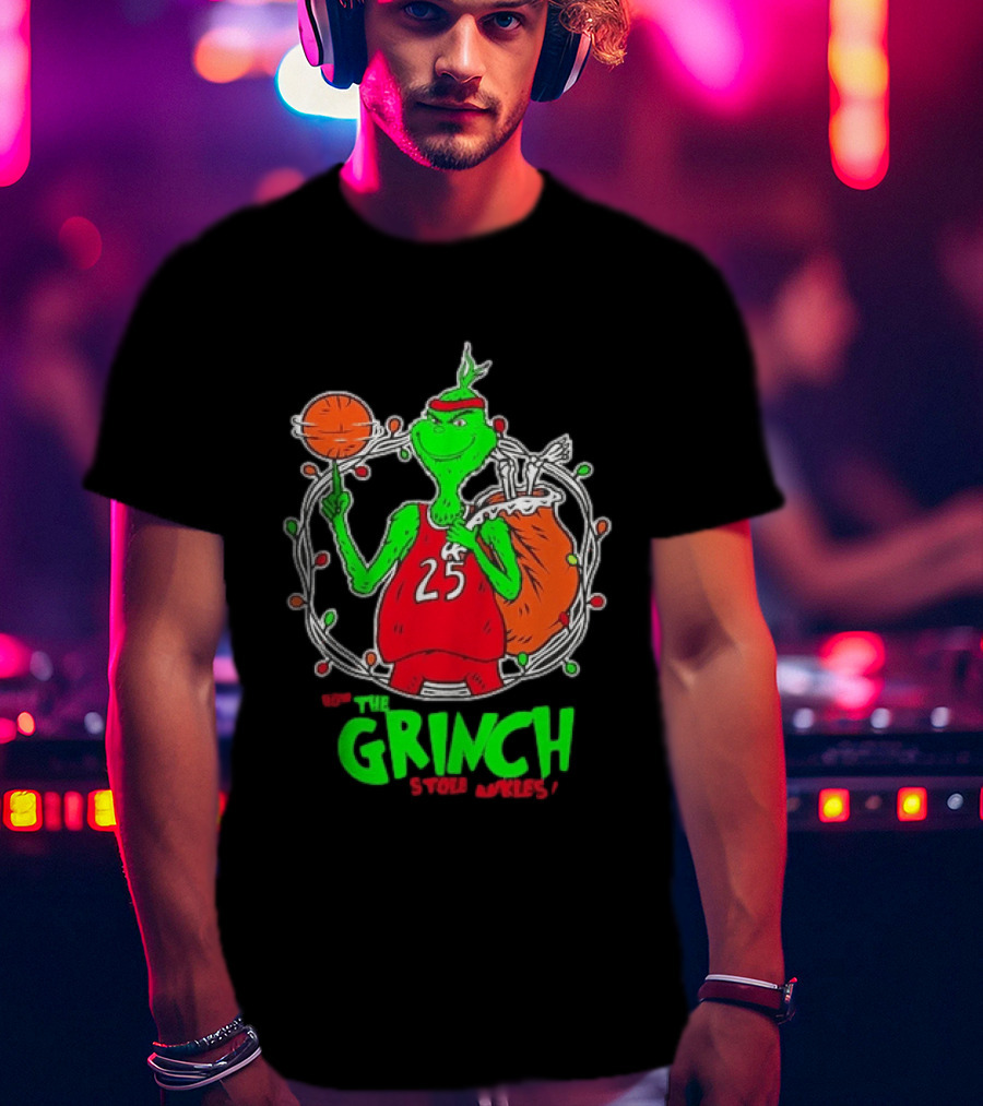 The Grinch Basketball Christmas Lights Jersey 25 Stole Ankles Green T-Shirt