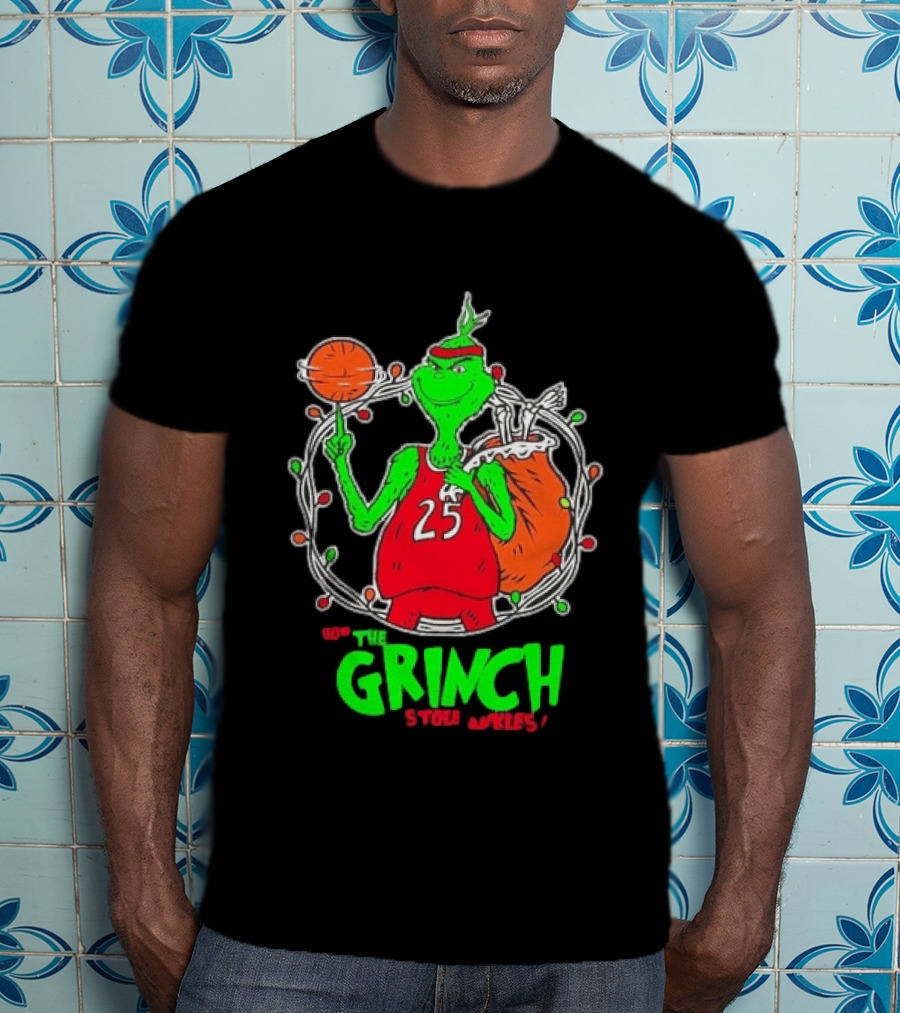 The Grinch Basketball Christmas Lights Jersey 25 Stole Ankles Green T-Shirt