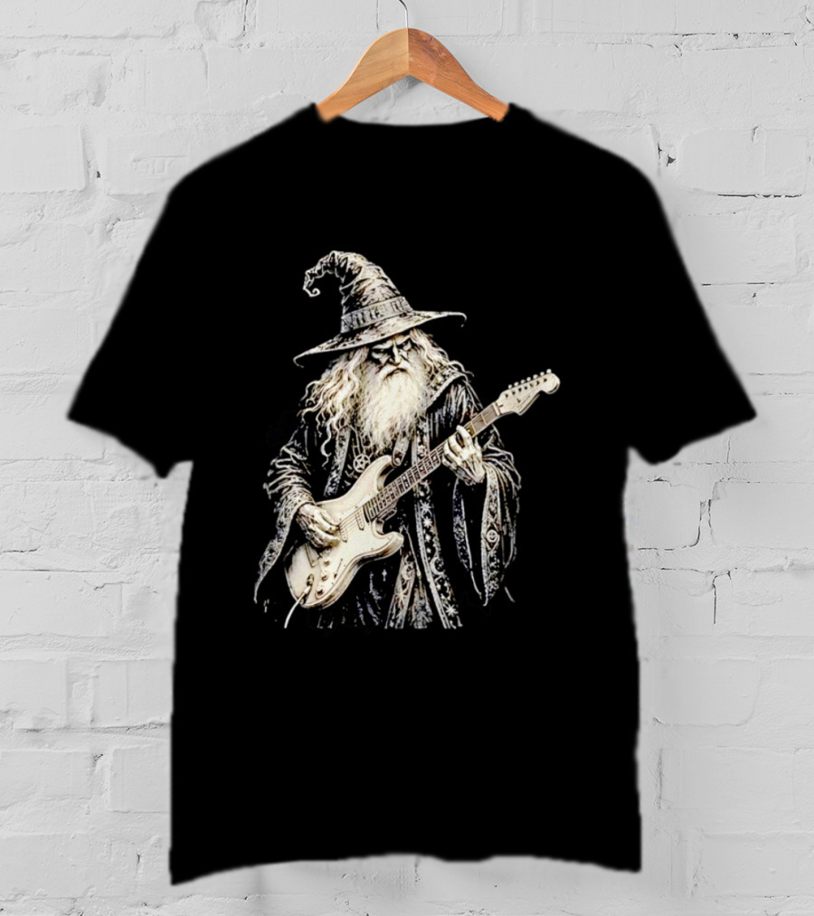 Wizard Playing Electric Guitar Fantasy Musician Magical Rock Legend T-Shirt