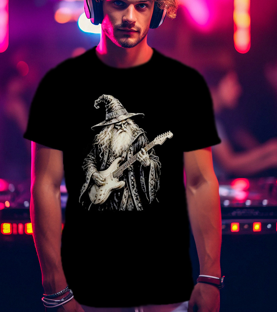 Wizard Playing Electric Guitar Fantasy Musician Magical Rock Legend T-Shirt