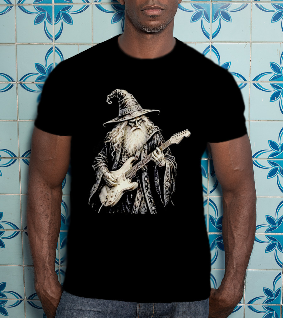 Wizard Playing Electric Guitar Fantasy Musician Magical Rock Legend T-Shirt