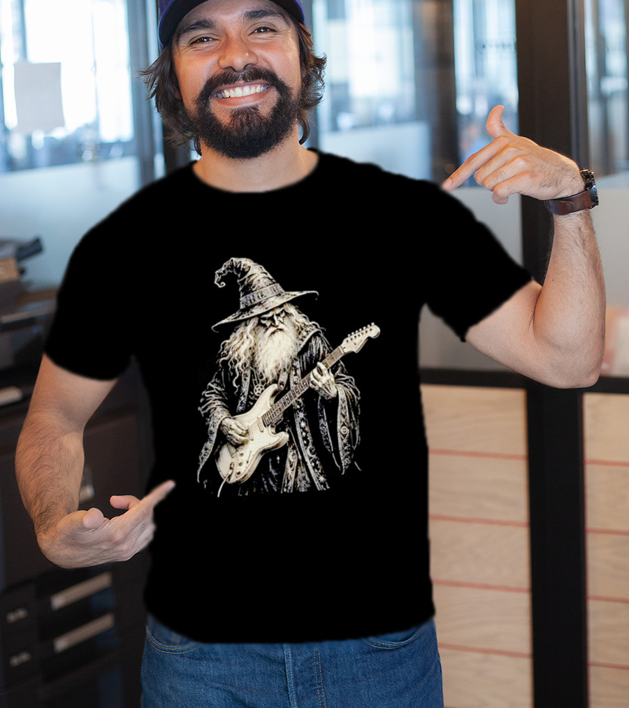 Wizard Playing Electric Guitar Fantasy Musician Magical Rock Legend T-Shirt