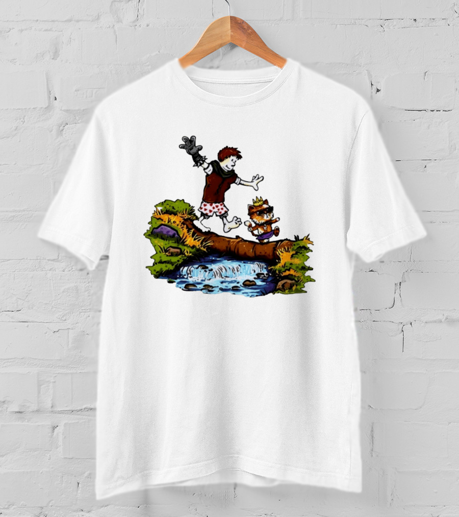 Boy And Crowned Cat Balancing On Log Over Stream T-Shirt