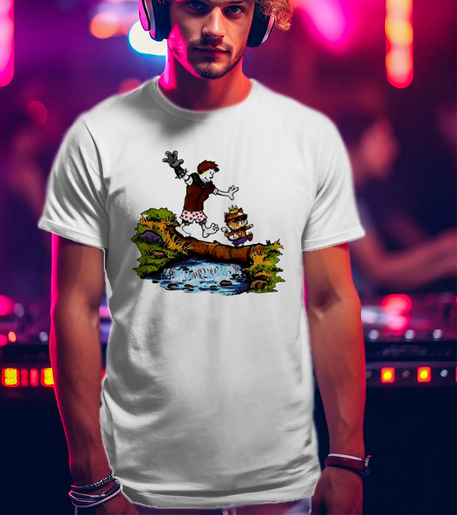 Boy And Crowned Cat Balancing On Log Over Stream T-Shirt
