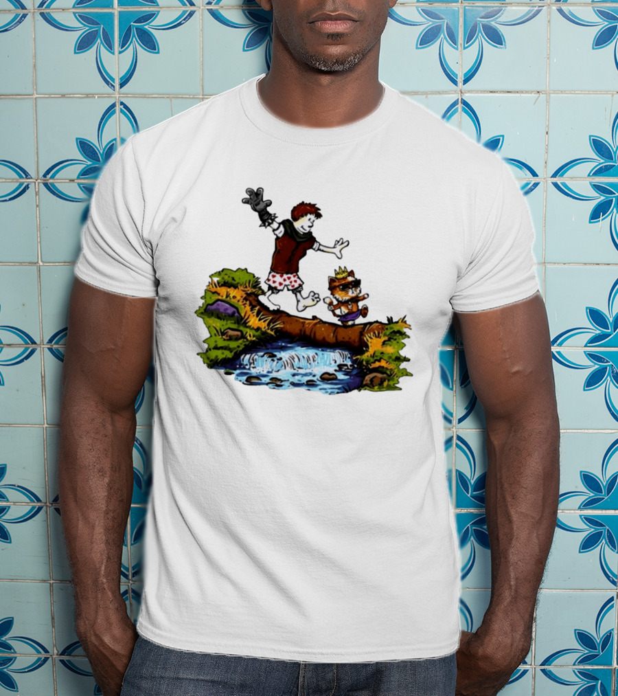 Boy And Crowned Cat Balancing On Log Over Stream T-Shirt