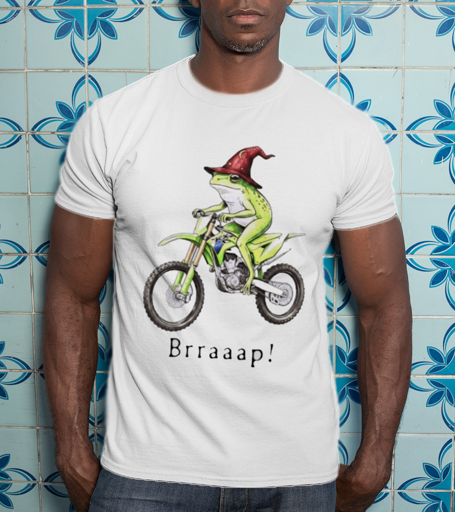 Brraaap Wizard Frog On Green Motocross Bike T-Shirt
