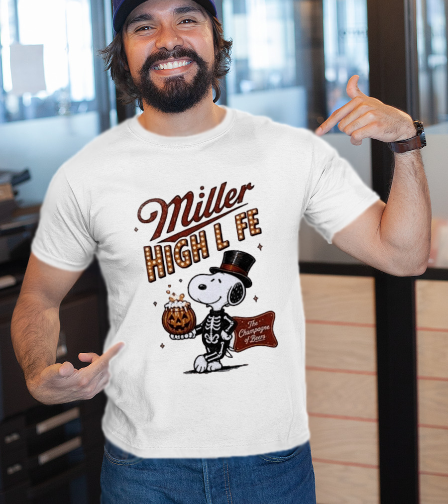 Miller High Life Snoopy Skeleton Halloween The Champagne Of Beers T-Shirt