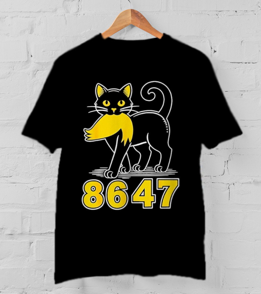 Black Cat 8647 Feline With Yellow Mustache T-Shirt