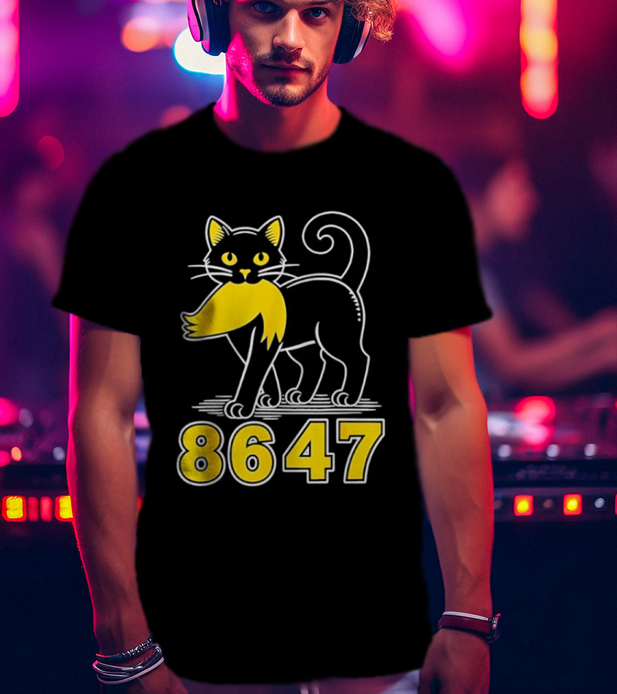 Black Cat 8647 Feline With Yellow Mustache T-Shirt