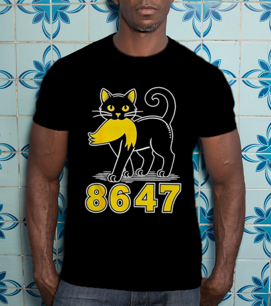 Black Cat 8647 Feline With Yellow Mustache T-Shirt