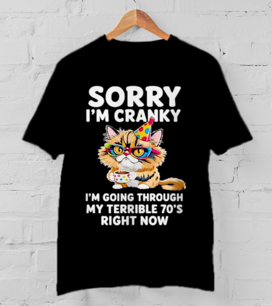 Sorry I'm Cranky Cat Going Through My Terrible 70s Right Now Coffee Party Hat T-Shirt