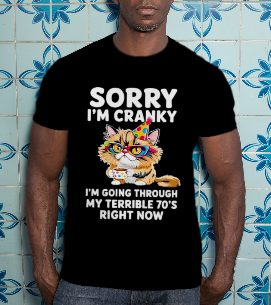 Sorry I'm Cranky Cat Going Through My Terrible 70s Right Now Coffee Party Hat T-Shirt