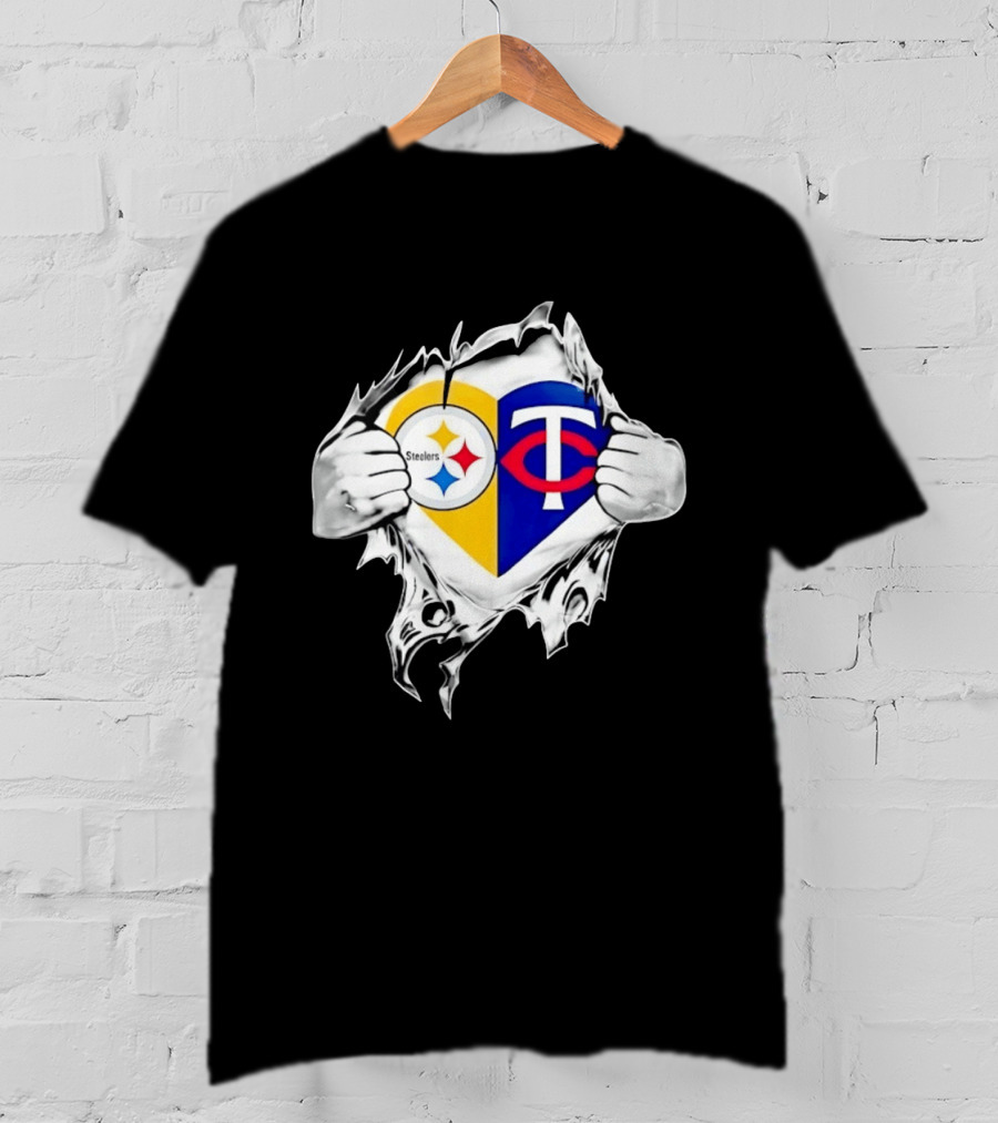 Pittsburgh Steelers Minnesota Twins Heart Superman Chest Rip T-Shirt