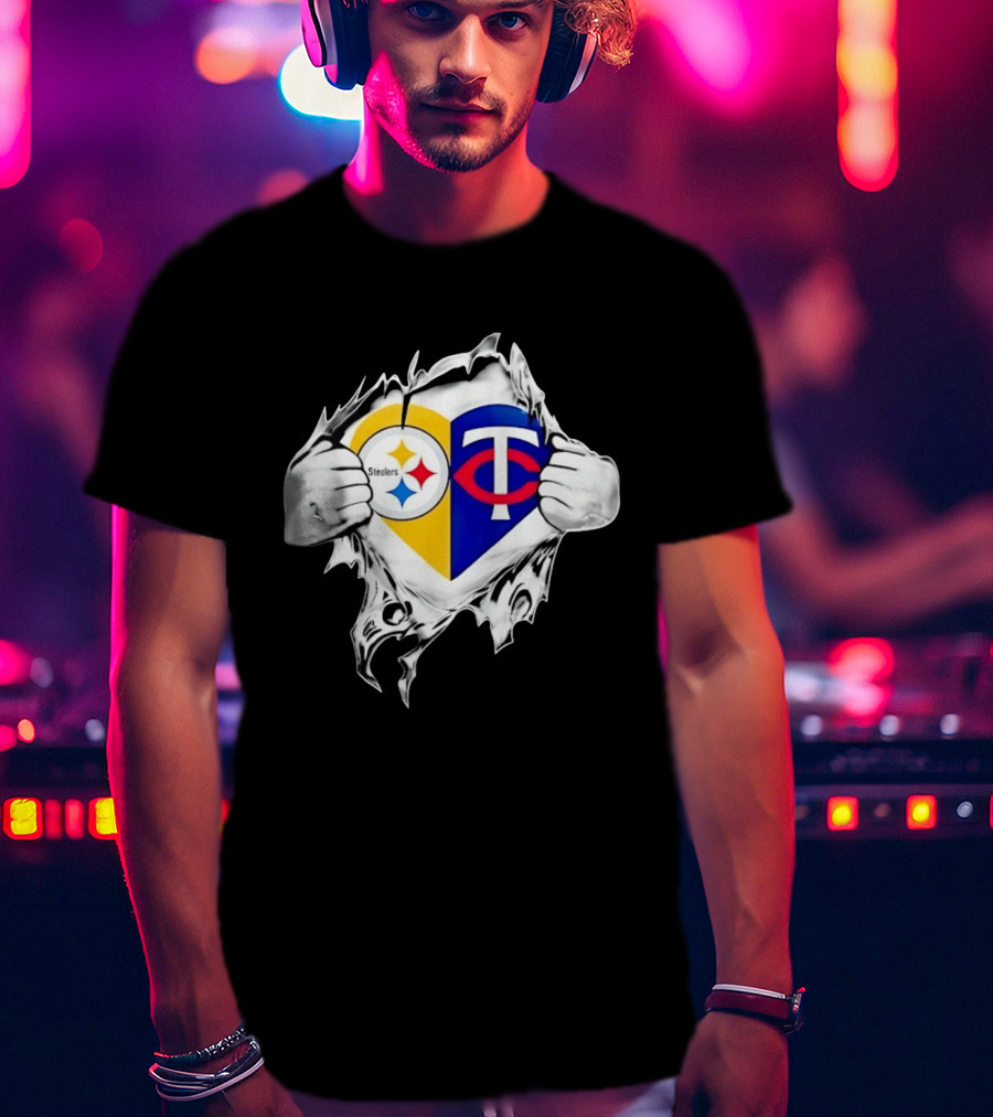 Pittsburgh Steelers Minnesota Twins Heart Superman Chest Rip T-Shirt