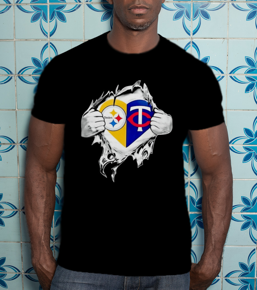 Pittsburgh Steelers Minnesota Twins Heart Superman Chest Rip T-Shirt