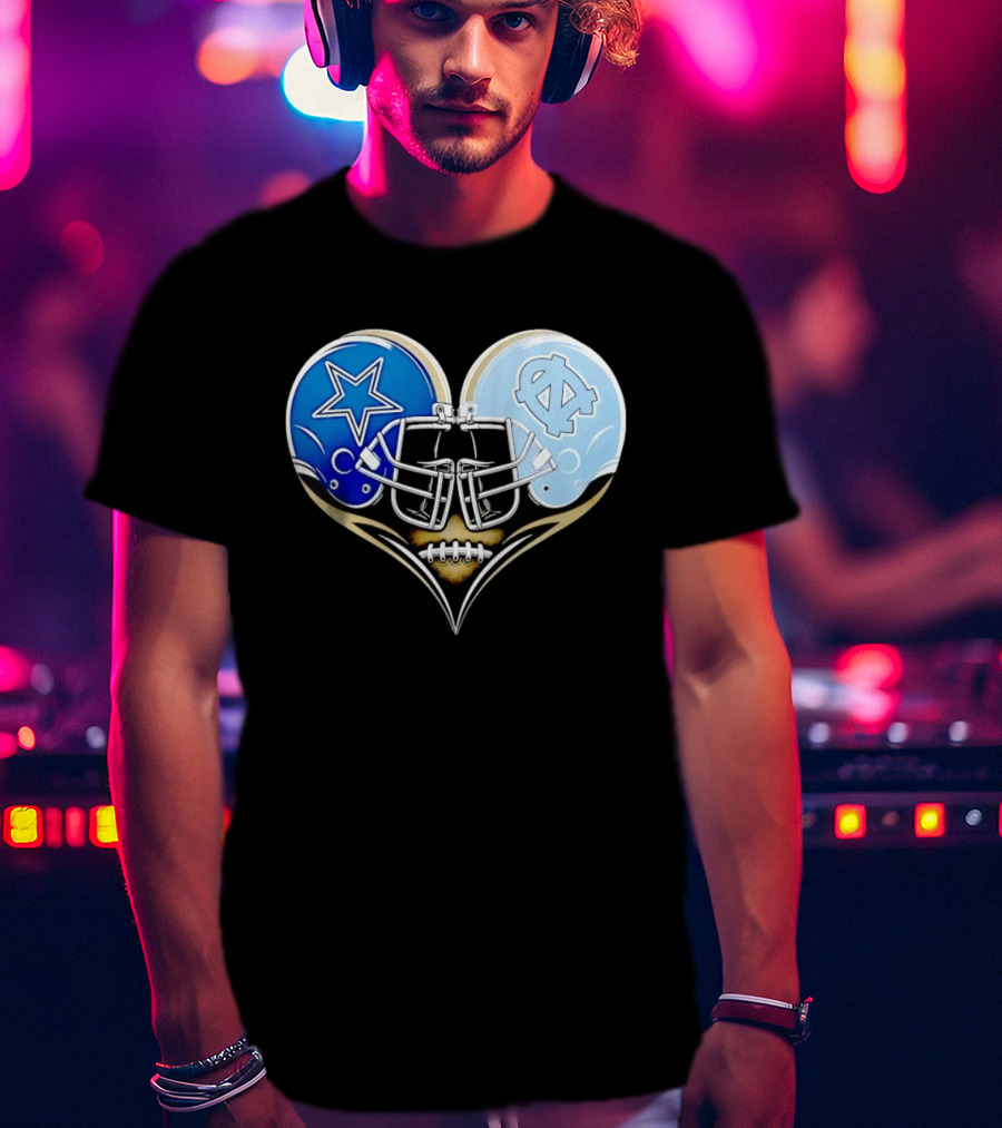 Dallas Cowboys North Carolina Tar Heels Heart Helmet Football T-Shirt