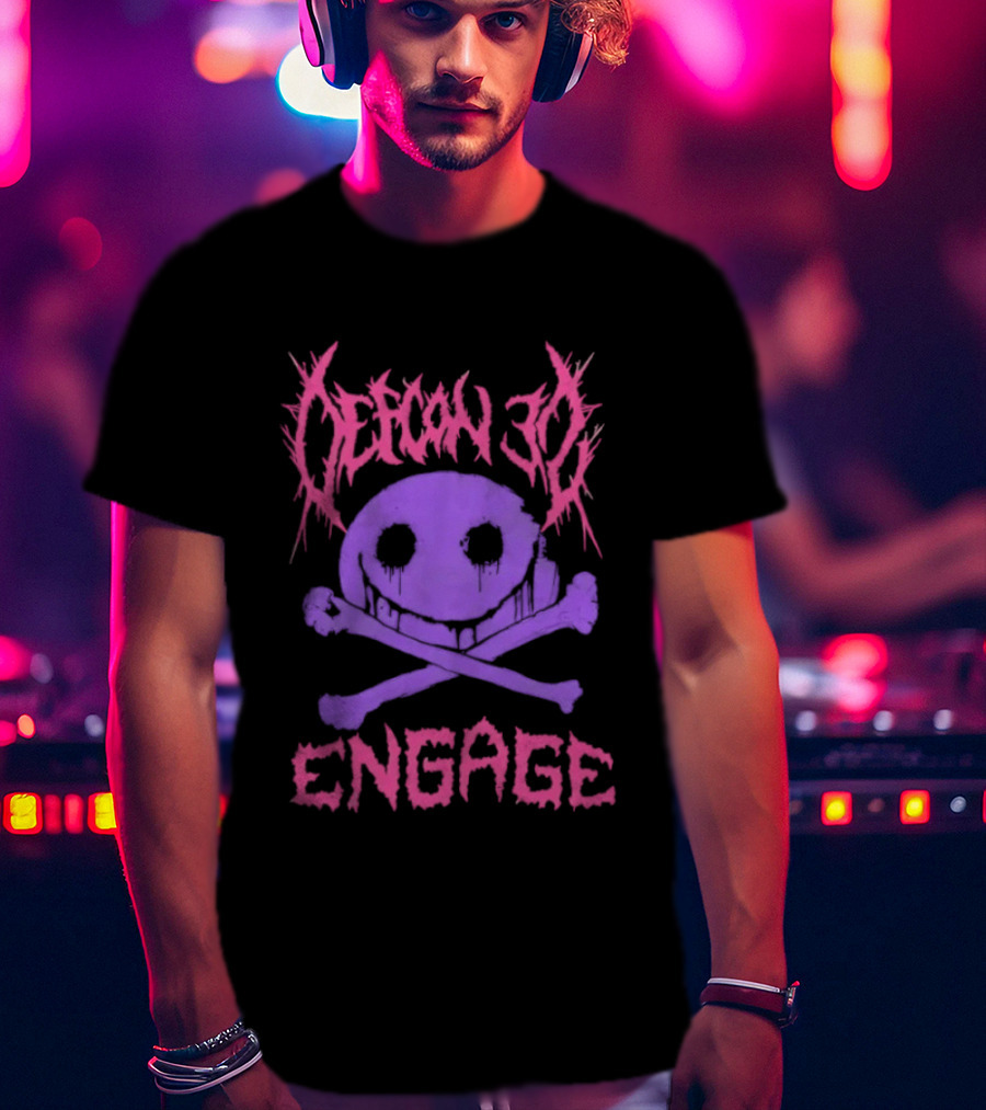 Defcon 30 Engage Purple Metal Skull Smiley T-Shirt