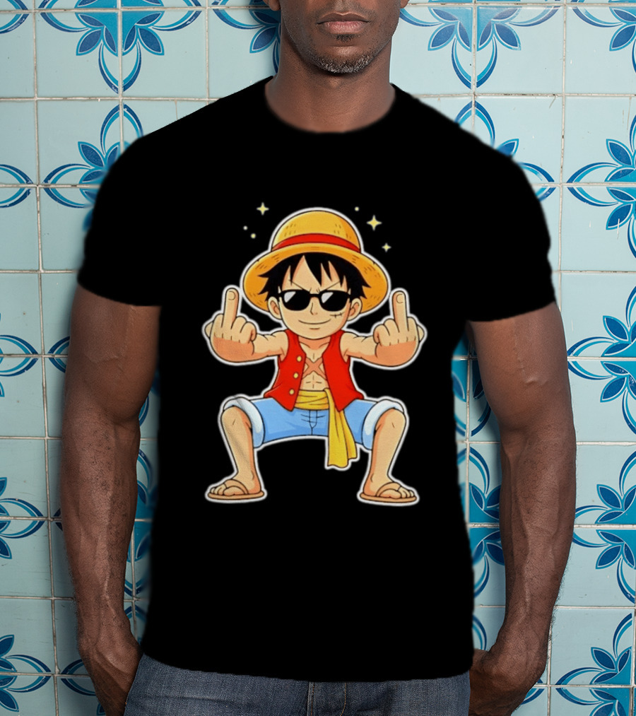 Monkey D Luffy Sunglasses Middle Finger Gesture Anime T-Shirt