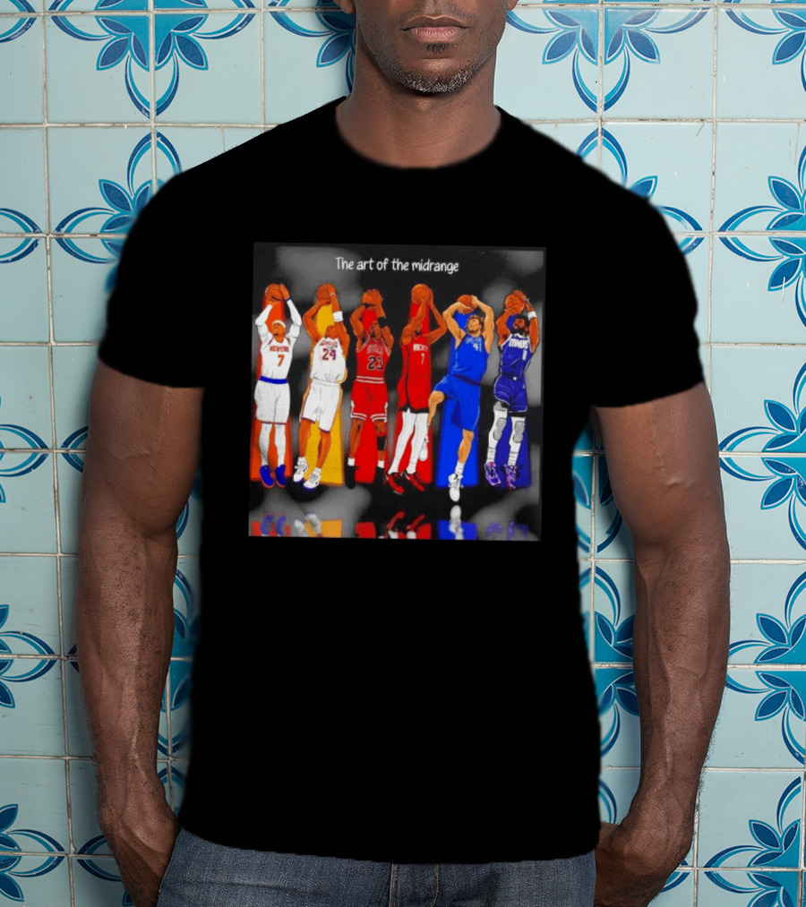 The Art Of The Midrange Basketball Legends Collage Knicks Lakers Bulls Rockets Mavericks T-Shirt