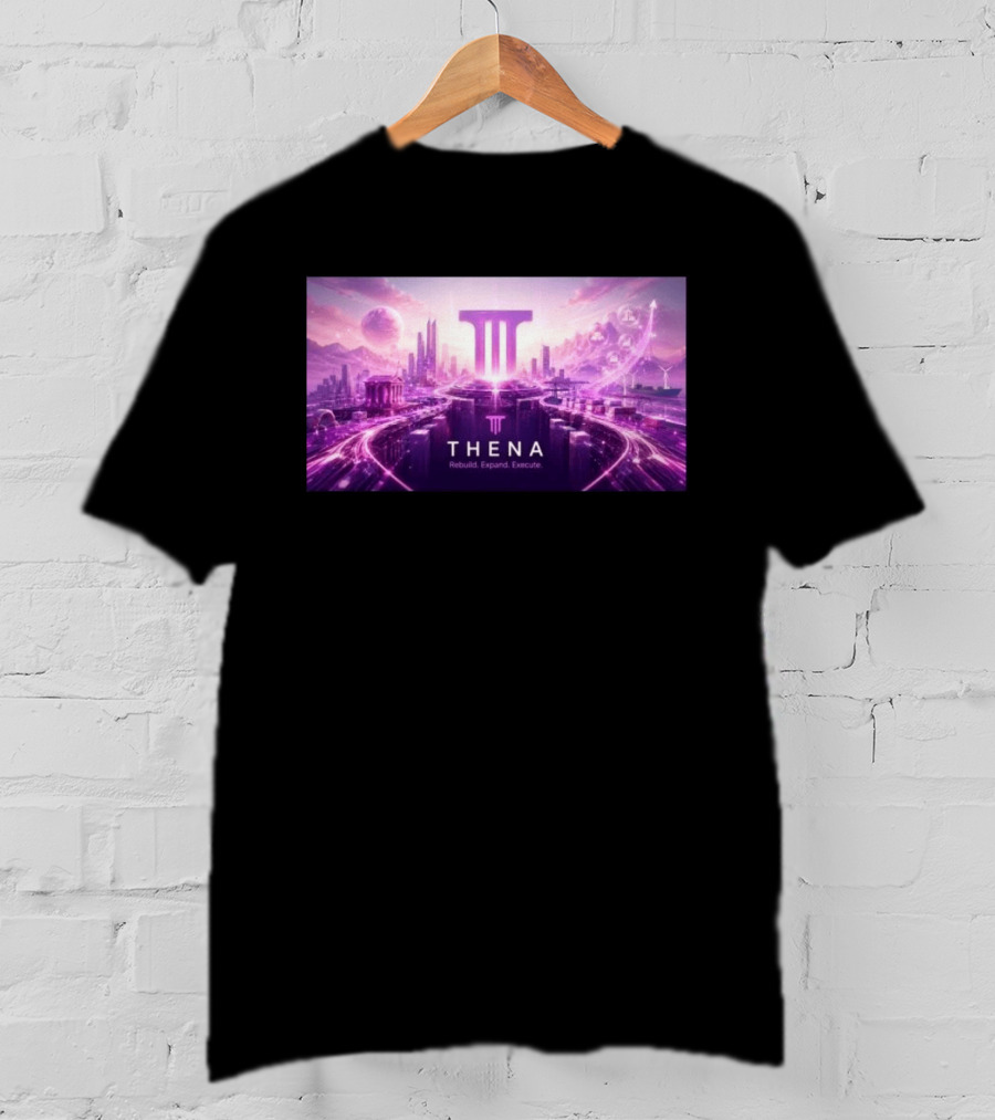 Thena Rebuild Expand Execute Futuristic Cityscape With Purple Skyline And Skyscrapers T-Shirt