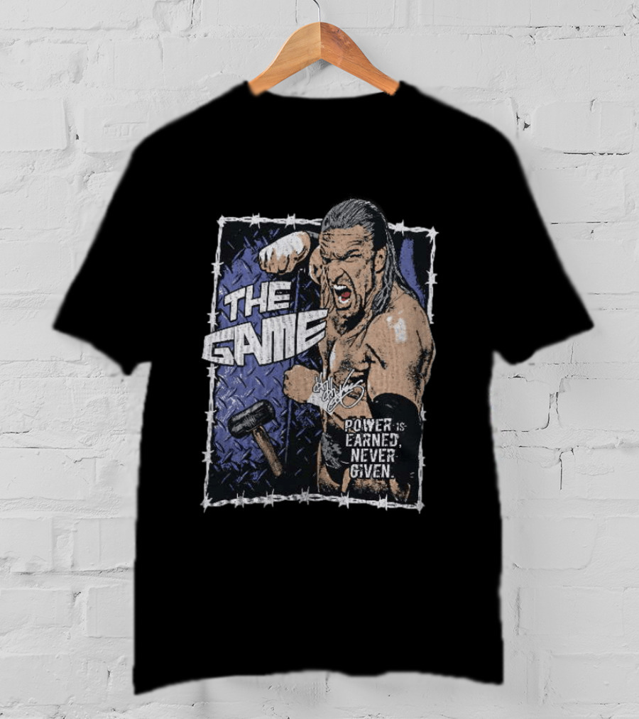 Triple H The Game WWE Power Is Earned Never Given Barbed Wire Signature Sledgehammer T-Shirt