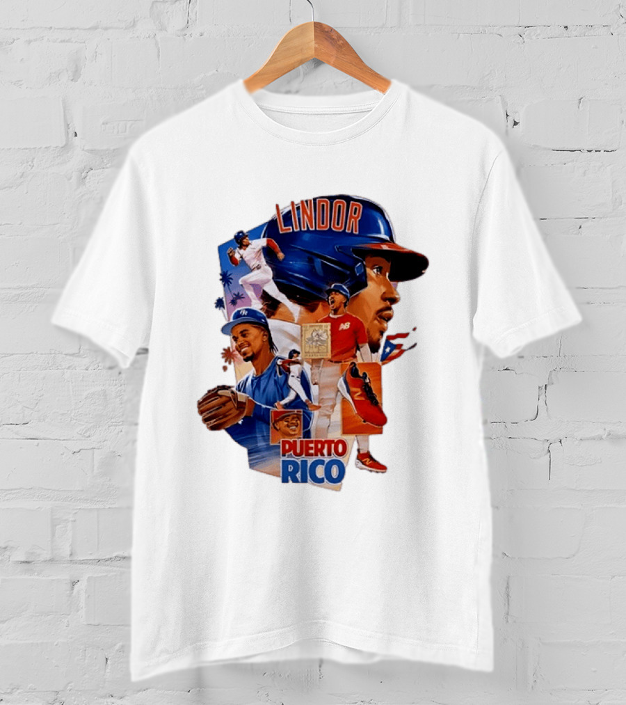 Francisco Lindor Puerto Rico New York Mets Baseball Legend Blue And Orange Helmet Dynamic Action Moves T-Shirt
