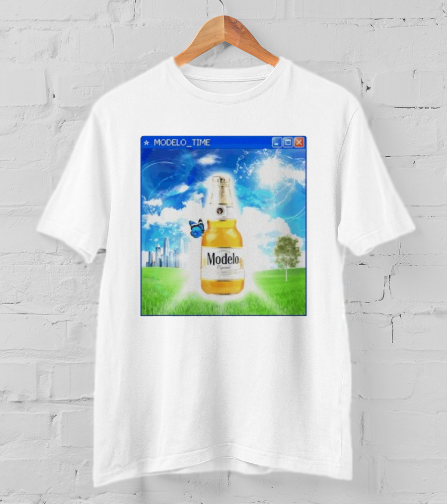 Modelo Time Frutiger Aero Aesthetic Butterfly Bottle Clouds Cityscape T-Shirt