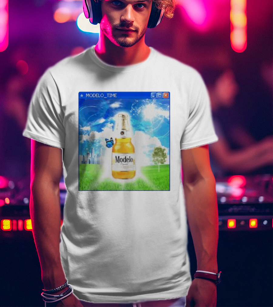 Modelo Time Frutiger Aero Aesthetic Butterfly Bottle Clouds Cityscape T-Shirt