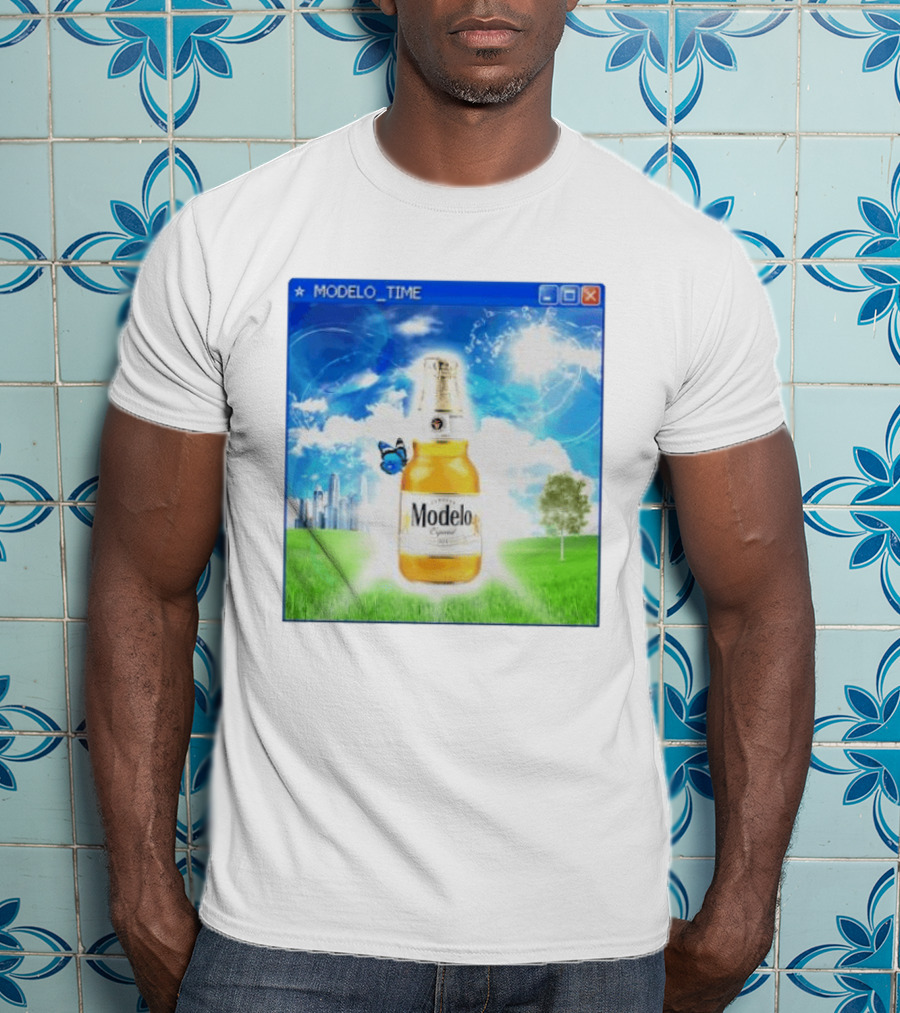 Modelo Time Frutiger Aero Aesthetic Butterfly Bottle Clouds Cityscape T-Shirt