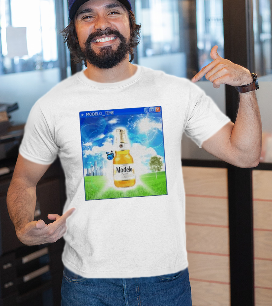 Modelo Time Frutiger Aero Aesthetic Butterfly Bottle Clouds Cityscape T-Shirt