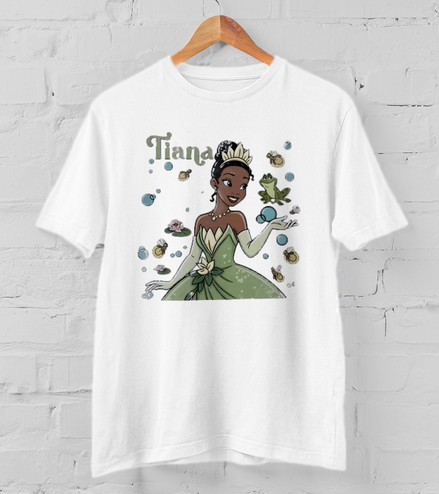 Tiana Disney Princess With Frog Fireflies And Water Lilies T-Shirt