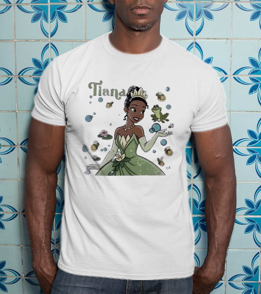 Tiana Disney Princess With Frog Fireflies And Water Lilies T-Shirt