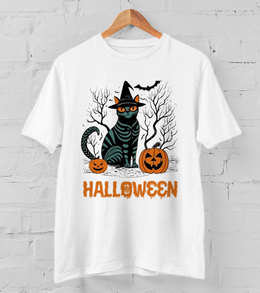Halloween Skeleton Cat Witch Hat Pumpkins Spooky Forest Scene T-Shirt