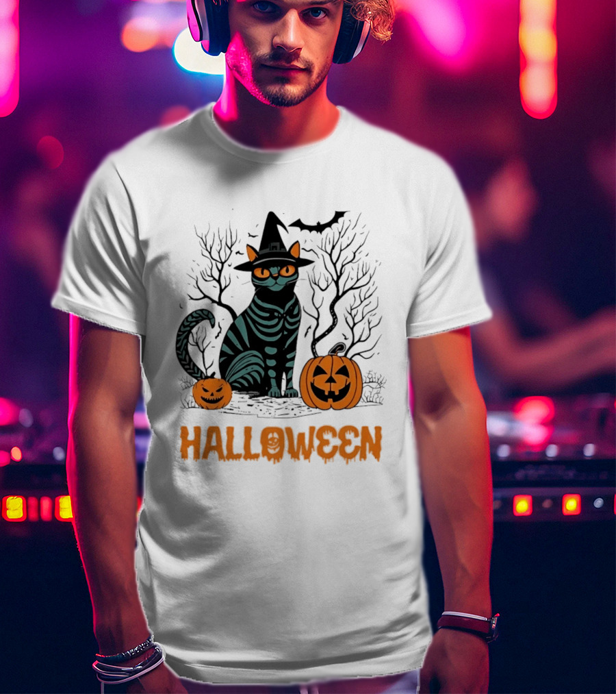 Halloween Skeleton Cat Witch Hat Pumpkins Spooky Forest Scene T-Shirt