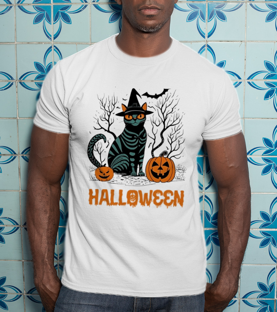 Halloween Skeleton Cat Witch Hat Pumpkins Spooky Forest Scene T-Shirt