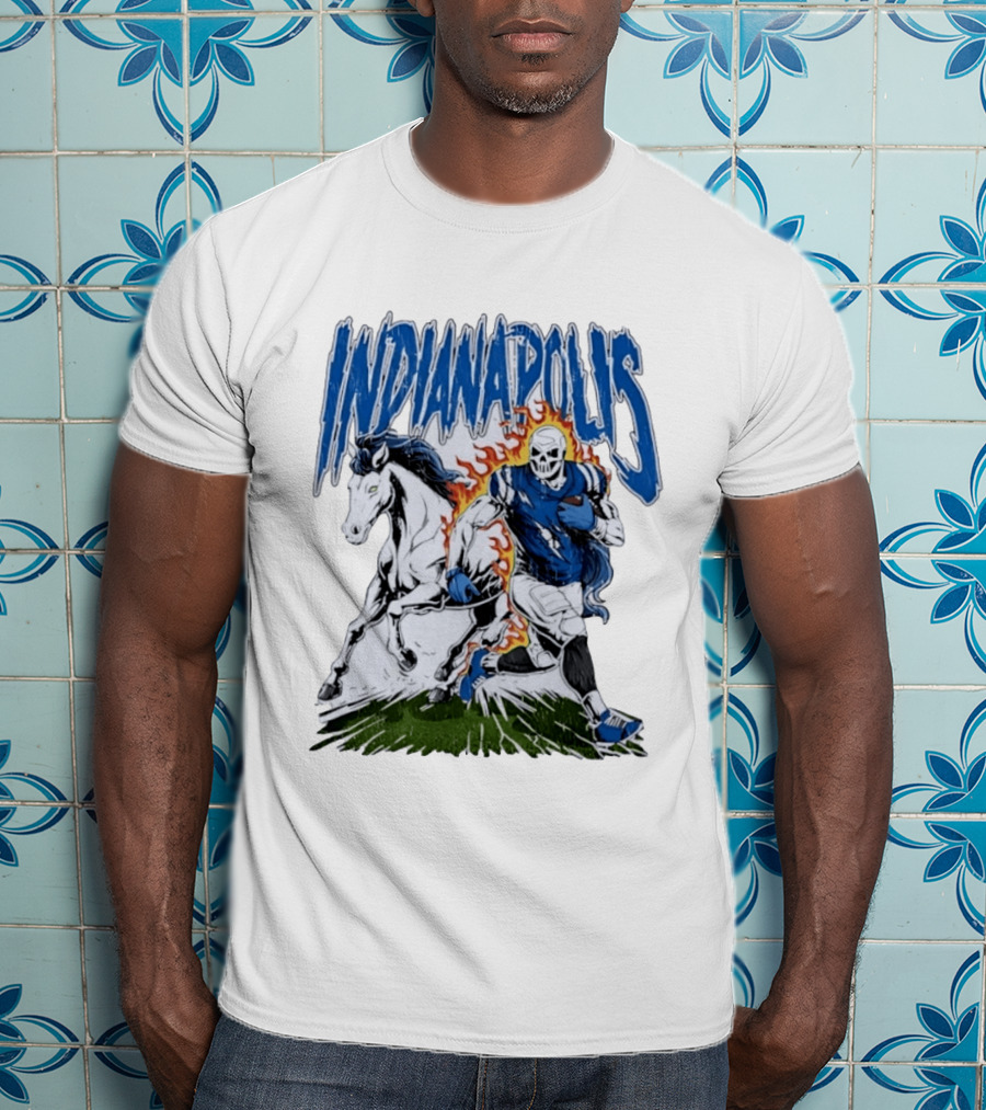 Indianapolis Football Skull And Horse Sports Flame Player Running T-Shirt