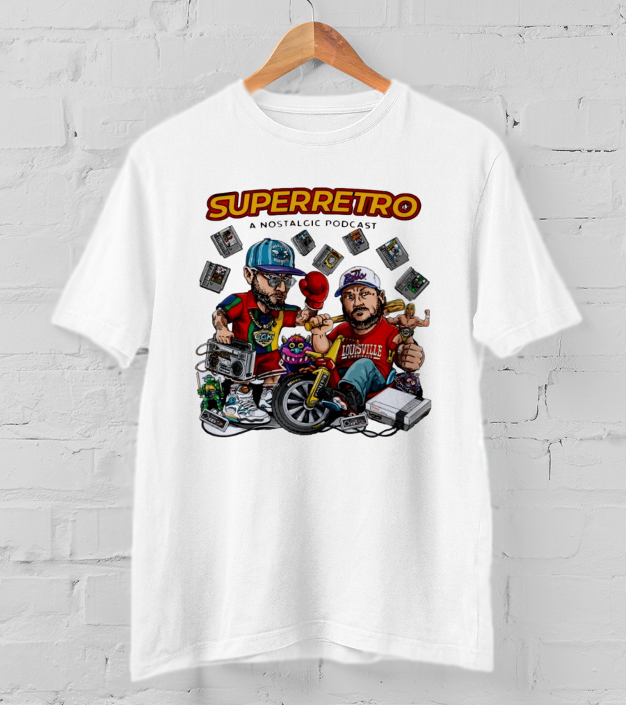 SuperRetro A Nostalgic Podcast Charlotte Hornets Louisville Cardinals Boombox Ugk Figurines Retro Games T-Shirt