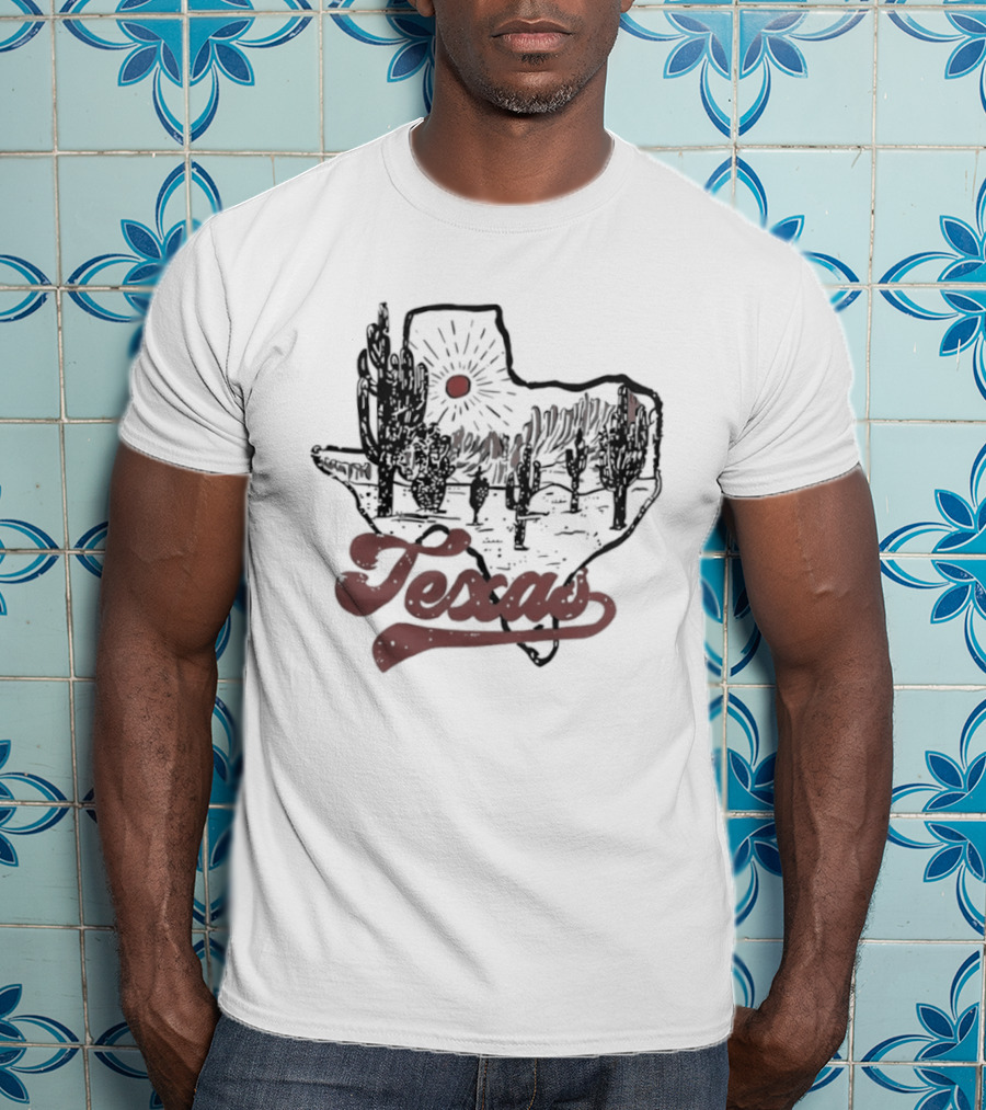 Texas Cacti Sun Rays Desert Scene Map T-Shirt