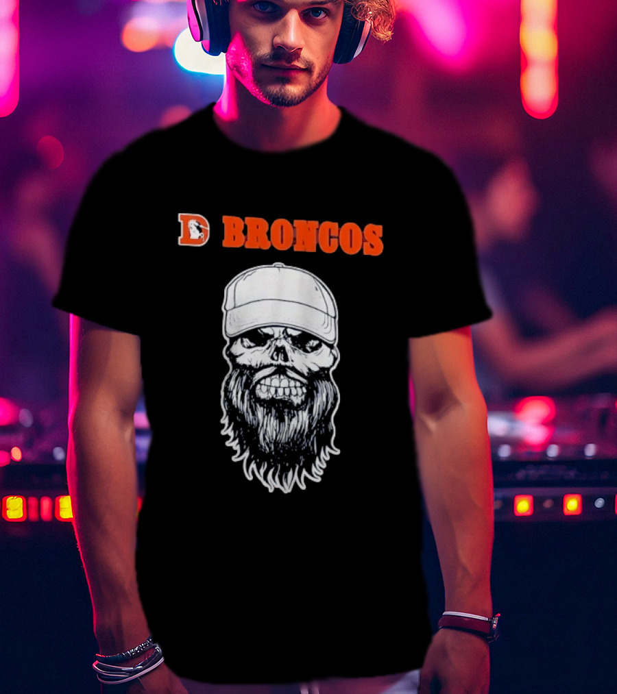 Broncos Bearded Skull With Cap Football Fan T-Shirt